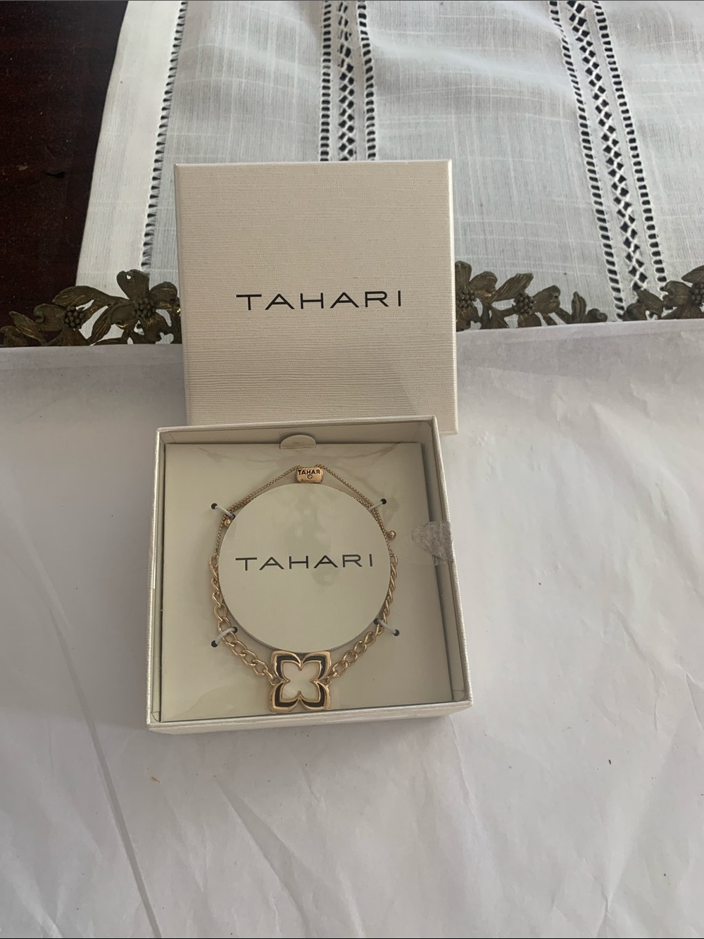 Tahari Gold-Tone Clover Charm Bracelet with White Inlay